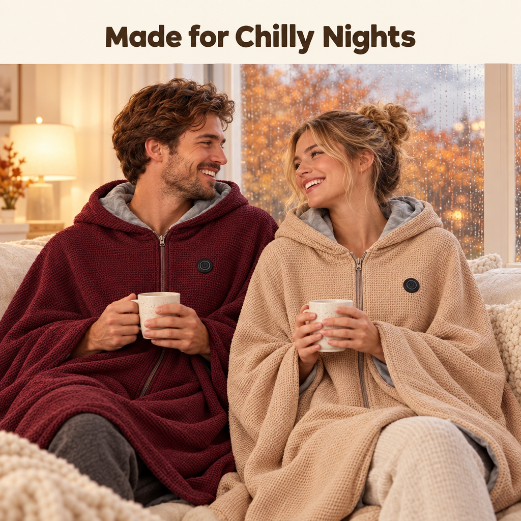 Couple by a rainy window wearing CozyKind heated blanket wraps