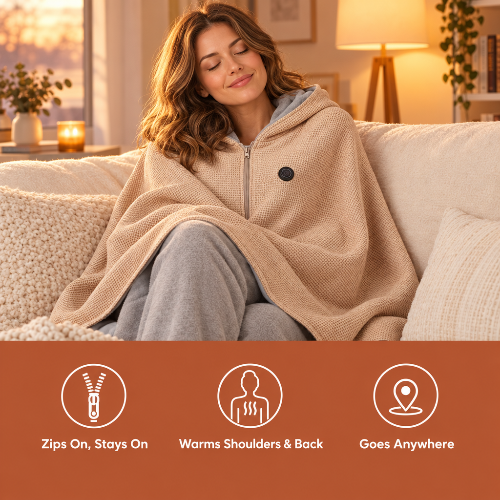 Woman relaxing on the couch wearing the CozyKind heated blanket wrap