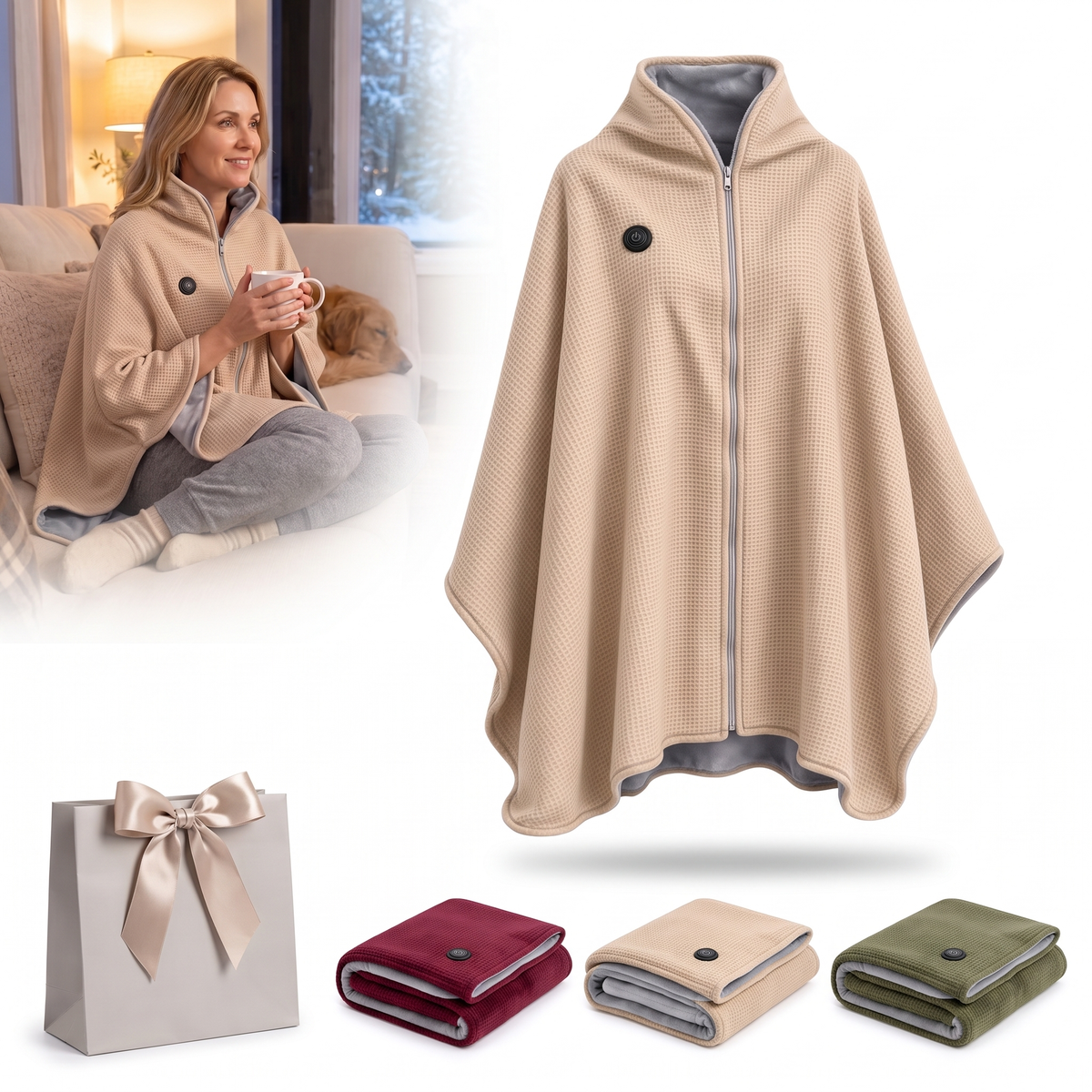 Alisanda heated wrap shown with a cozy at-home lifestyle and color choices
